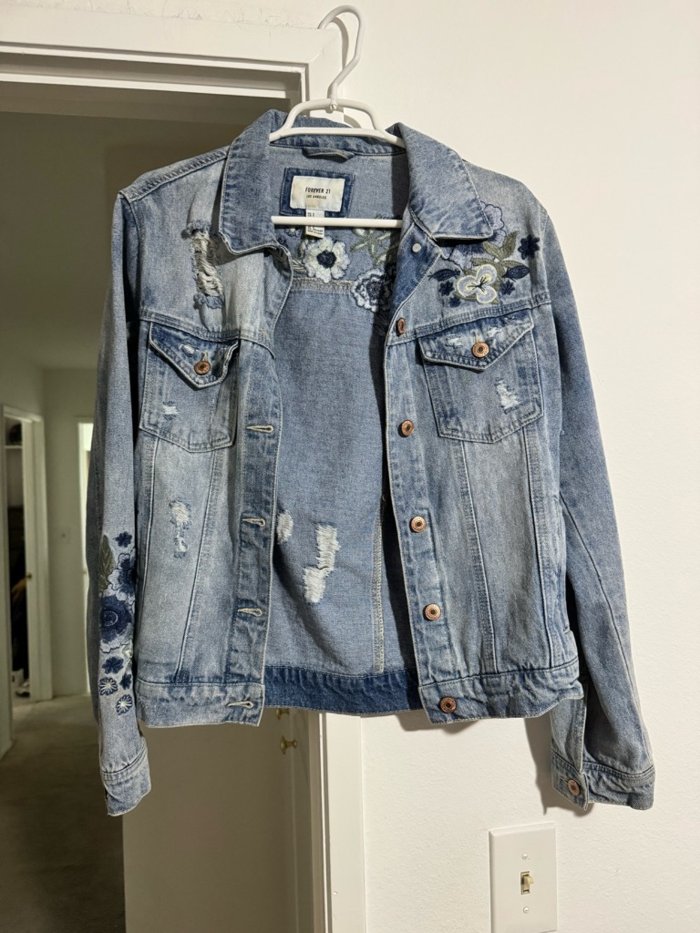 Forever 21 Light Wash Denim Jacket with Floral Embroidery